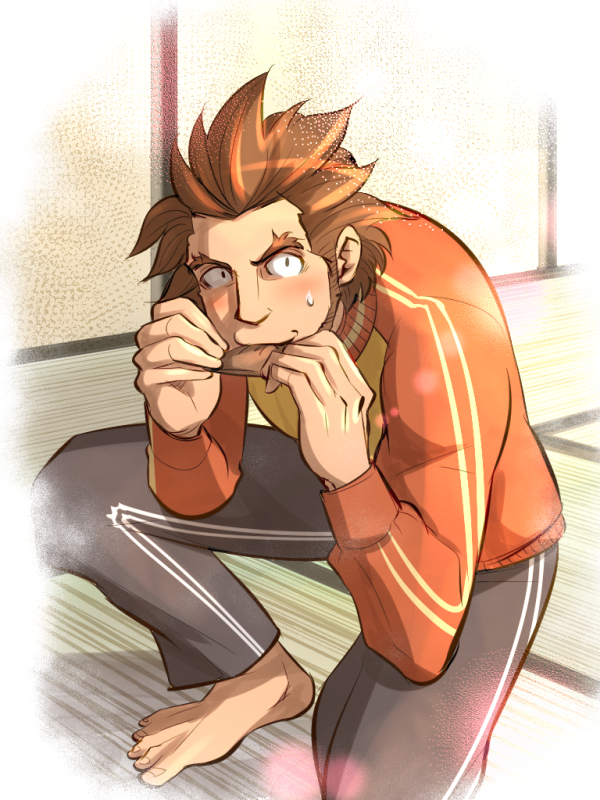1boy, ace_attorney, barefoot, brown_hair, capcom, eating, eyebrows, feet