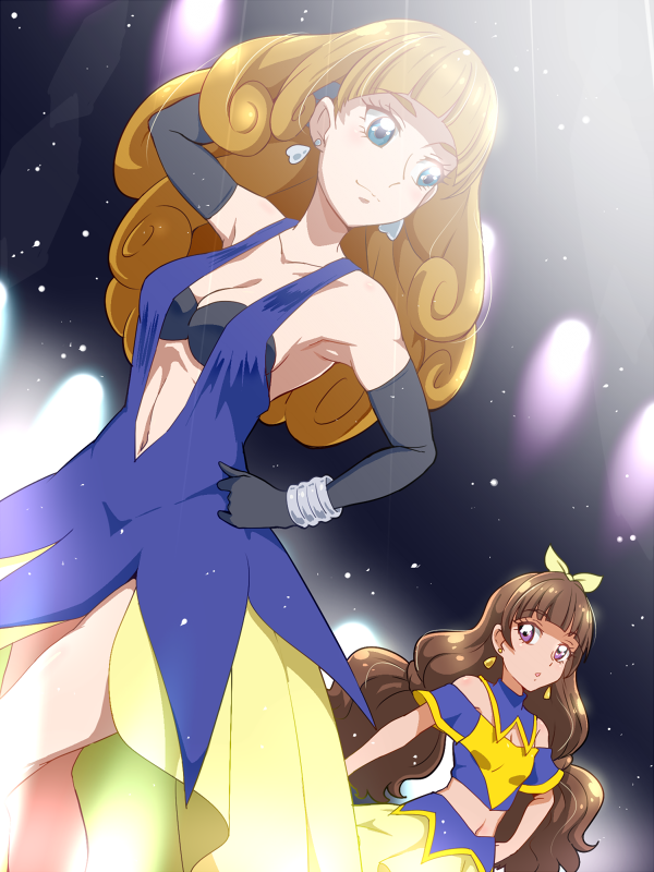 2girls, amanogawa_kirara, amanogawa_stella, black_gloves, blonde_hair, blue_eyes, breasts, brown_hair