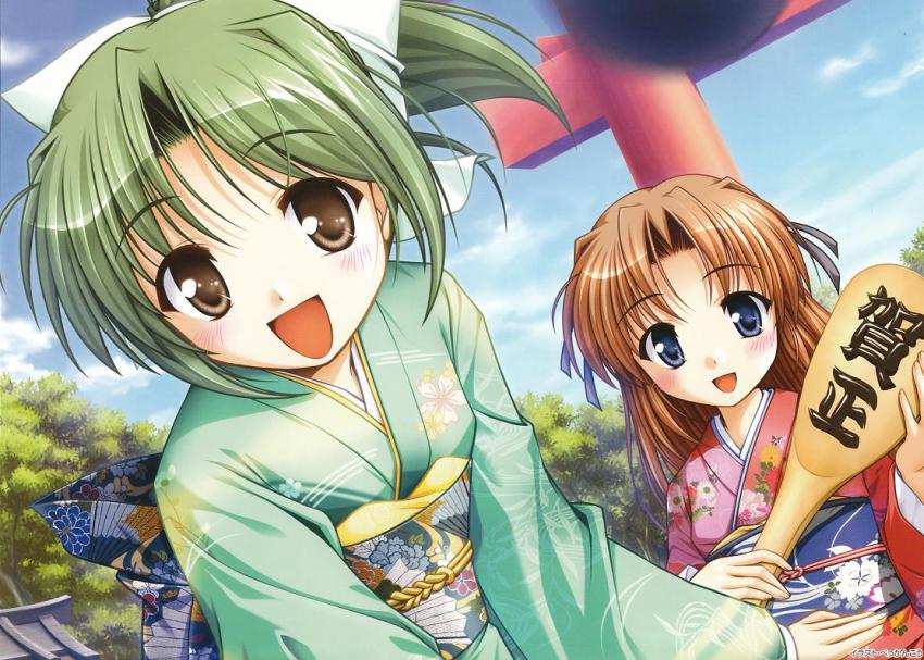 2girls, august_soft, bekkankou, blue_eyes, blush, brown_eyes, brown_hair, green_hair