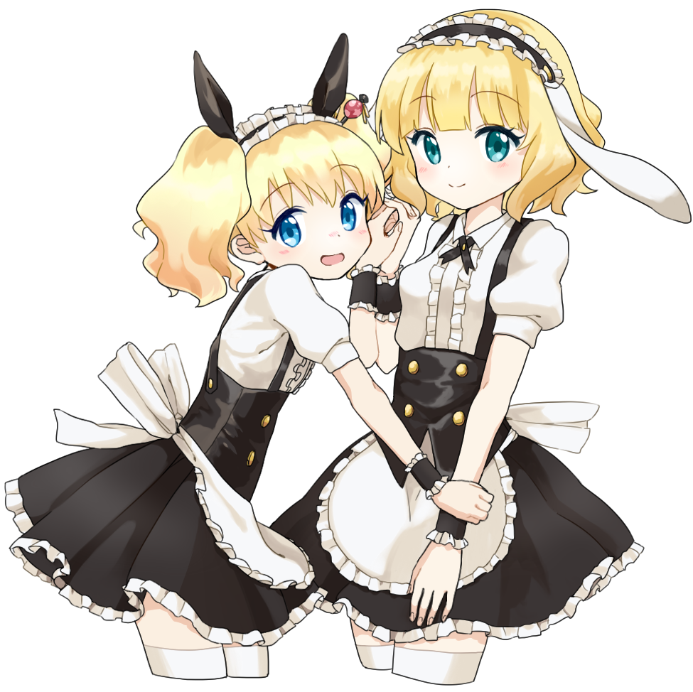 2girls, :d, alice_cartelet, animal_ears, apron, blonde_hair, blouse, blue_eyes, blush, color_connection, company_connection, cosplay, cropped_legs, crossover, daifuki, fleur_de_lapin_uniform, frilled_shirt, frills, gochuumon_wa_usagi_desu_ka?, kin-iro_mosaic, kirima_syaro, looking_at_viewer, maid, maid_apron, maid_headdress, manga_time_kirara, matching_outfits, multiple_girls, open_mouth, rabbit_ears, shirt, smile, thighhighs, twintails, waitress, white_shirt, zettai_ryouiki