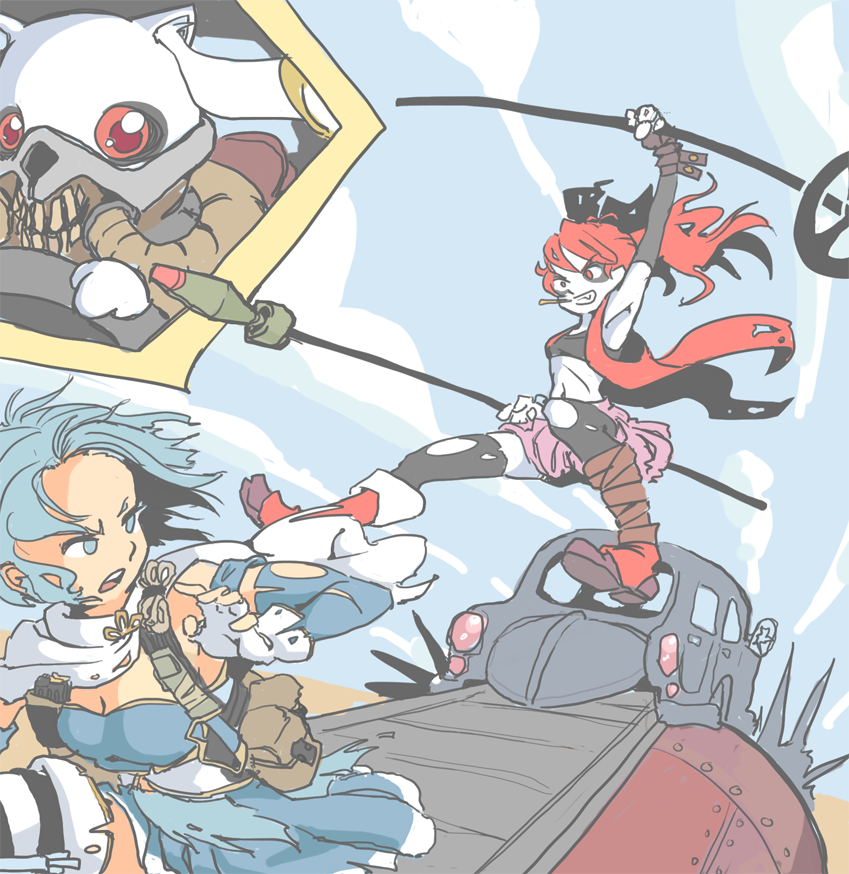 2girls, blue_eyes, blue_hair, car, immortan_joe, jarv, kyubey, long_hair, mad_max, mad_max:_fury_road, magical_girl, mahou_shoujo_madoka_magica, mahou_shoujo_madoka_magica_(anime), max_rockatansky, miki_sayaka, miki_sayaka_(magical_girl), motor_vehicle, multiple_girls, parody, polearm, ponytail, red_eyes, red_hair, sakura_kyoko, sakura_kyoko_(magical_girl), short_hair, sky, spear, thighhighs, torn_clothes, weapon