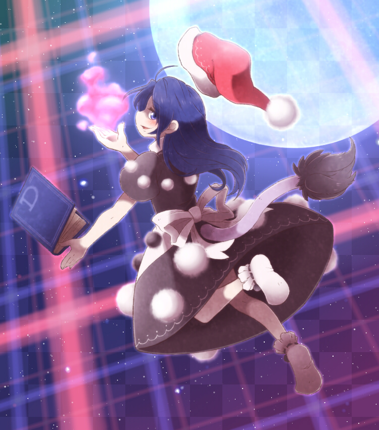 1girl, blob, blue_eyes, blue_hair, book, doremy_sweet, full_moon, hat, unworn_hat, unworn_headwear, igureon, long_hair, moon, nightcap, pom_pom_(clothes), short_sleeves, sky, smirk, socks, star_(sky), starry_sky, tail, tapir_tail, touhou