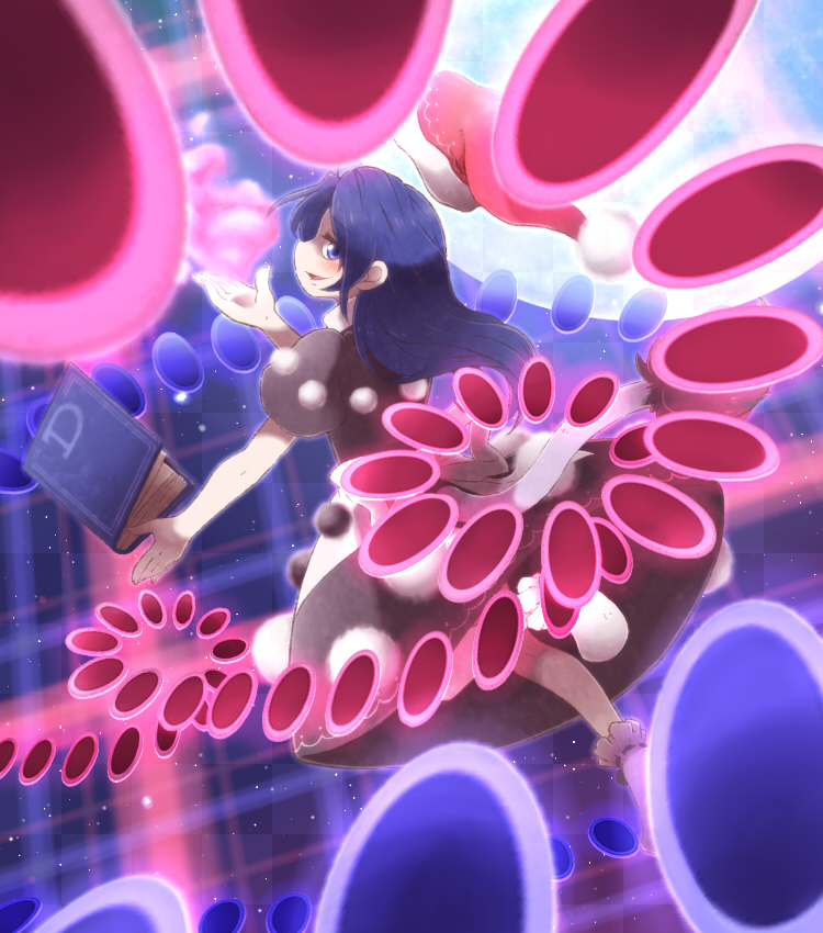 1girl, blob, blue_eyes, blue_hair, blurry, book, danmaku, depth_of_field