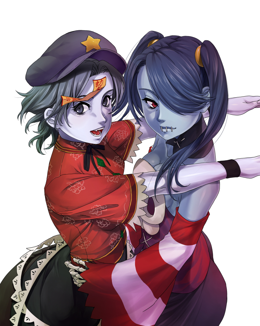 2girls, absurdres, bare_shoulders, blue_eyes, blue_hair, blue_skin, chinese_clothes, colored_skin