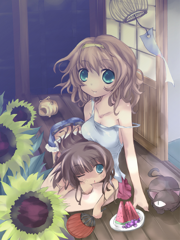 2girls, aqua_eyes, atop, bad_id, bad_pixiv_id, brown_hair, cat, denim