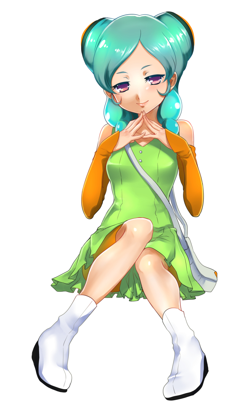 1girl, aqua_hair, bad_id, bad_pixiv_id, beta_(inazuma_eleven), boots, female_focus, full_body, highres, inazuma_eleven_(series), inazuma_eleven_go, inazuma_eleven_go_chrono_stone, long_hair, looking_at_viewer, matsumoto_achi, no_pupils, own_hands_together, purple_eyes, simple_background, sitting, solo, white_background