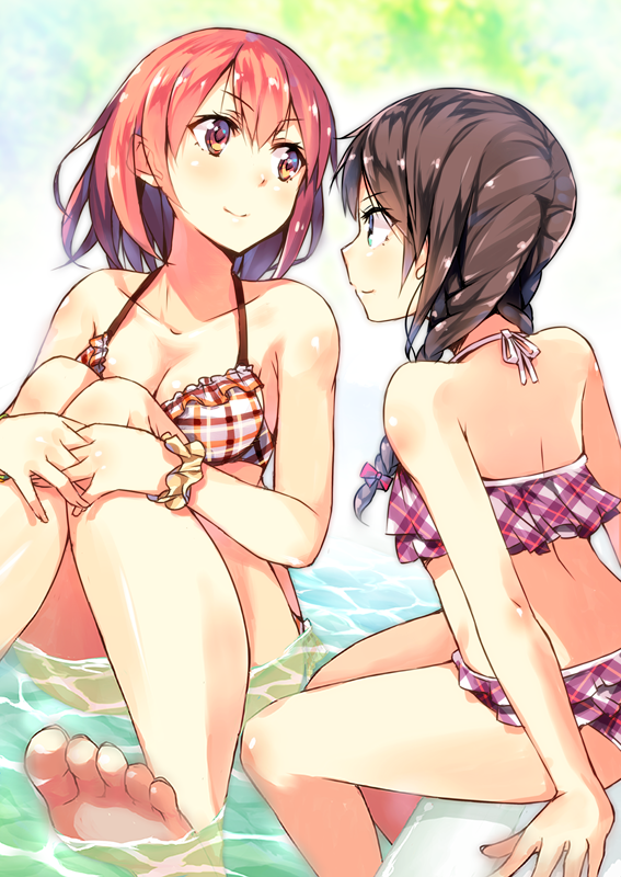 2girls, bare_shoulders, barefoot, bikini, braid, breasts, brown_hair, cleavage
