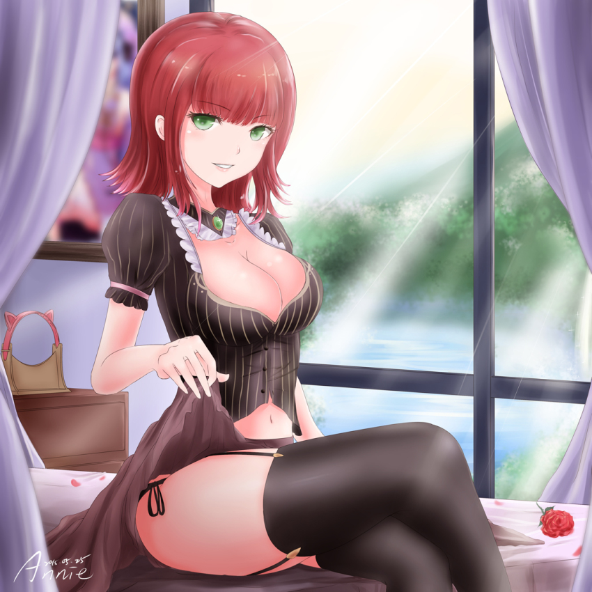 1girl, aged_up, annie_(league_of_legends), bad_id, bad_pixiv_id, breasts, character_name, cleavage, clothes_lift, crossed_legs, dated, female_focus, flower, garter_straps, green_eyes, hairband, kinomtan, large_breasts, league_of_legends, looking_at_viewer, navel, panties, parted_lips, red_hair, rose, short_hair, side-tie_panties, sitting, skirt, skirt_lift, solo, thighhighs, underwear, unworn_hairband