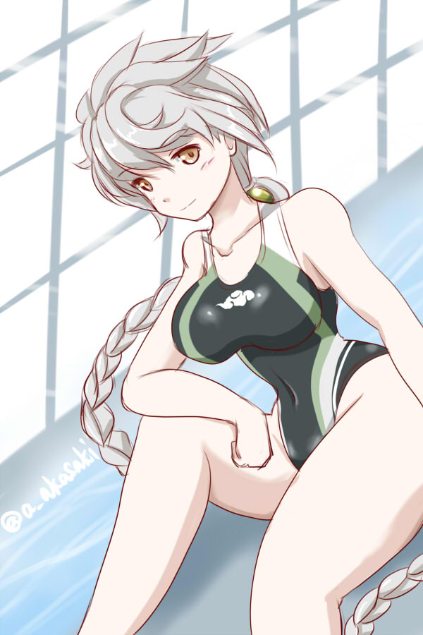 10s, 1girl, akai_akasaki, braid, breasts, brown_eyes, competition_swimsuit, kantai_collection