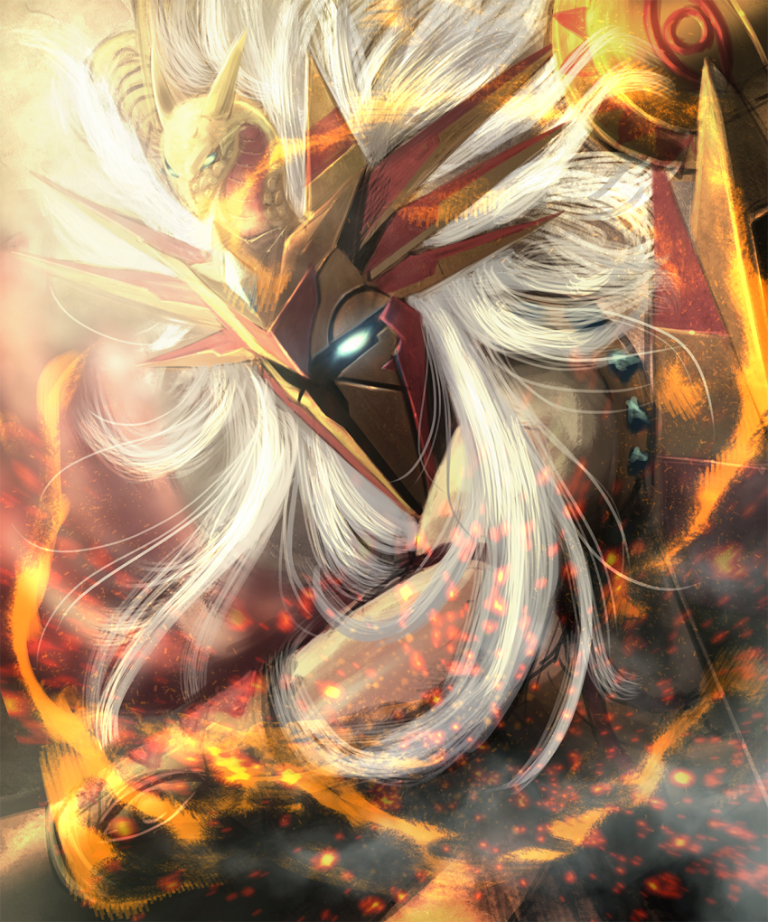 1boy, armor, bad_id, bad_pixiv_id, fire, glowing, glowing_eye, helmet