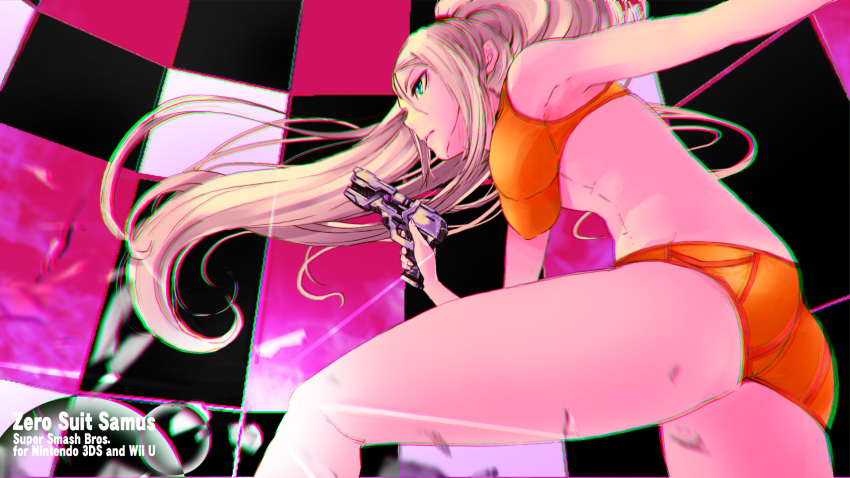 1girl, abs, anaglyph, armpits, ass, bike_shorts, blonde_hair, cavo, female_focus, green_eyes, gun, highres, metroid, midriff, multicolored_background, navel, nintendo, ponytail, samus_aran, solo, sports_bra, super_smash_bros., toned, weapon