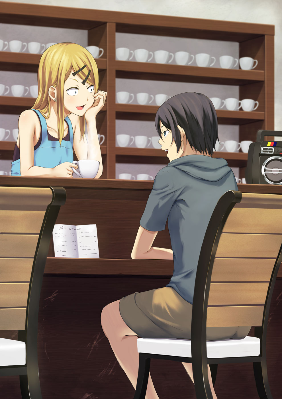 10s, 1boy, 1girl, black_hair, blonde_hair, coffee_mug, dagashi_kashi, endou_saya, flat_chest, hair_ornament, hairclip, highres, mug, radio, sanpaku, shigatsu_itsuka, shikada_kokonotsu, shikade_kokonotsu, shirt, short_hair, t-shirt