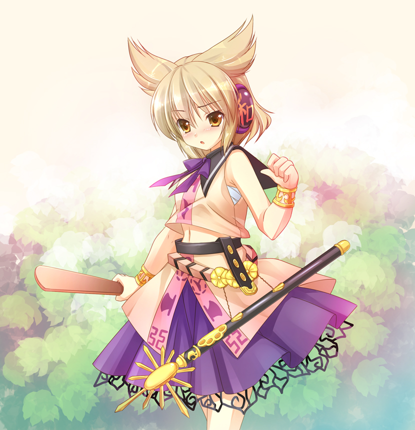 1girl, :o, bare_arms, belt, bracelet, earmuffs, female_focus, gradient_background