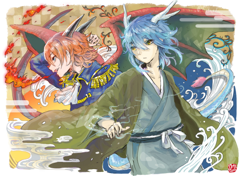 2boys, antlers, blue_eyes, blue_hair, breath_weapon, breathing_fire, dragon_tail, dragon_wings