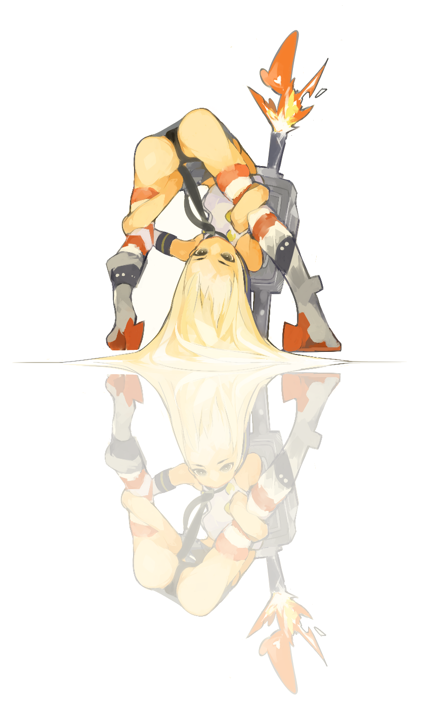 10s, 1girl, ass, bad_id, bad_pixiv_id, bent_over, blonde_hair, cannon, female_focus, firing, flexible, from_behind, grey_eyes, highres, kantai_collection, long_hair, md5_mismatch, school_uniform, sentakki, serafuku, shimakaze_(kancolle), ship_turret, simple_background, solo, striped_clothes, striped_legwear, striped_thighhighs, symmetry, thighhighs