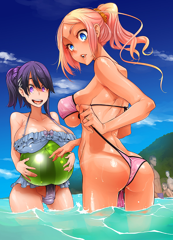 10s, 2futa, 3boys, :d, ball, beachball, bikini, black_hair, blue_bikini, blue_eyes, breasts, bulge, cleavage, covered_erect_nipples, dark_skin, futanari, hair_ornament, hairclip, large_breasts, long_hair, multiple_boys, multiple_futa, musashino_takumi, open_mouth, orange_hair, original, pink_bikini, pink_hair, ponytail, purple_eyes, purple_hair, shindol, shiny_skin, shogahara_anri, sideboob, smile, sogahara_anri, swimsuit, tan, tanline, teeth, tongue, tsf_monogatari, tsf_monogatari_append