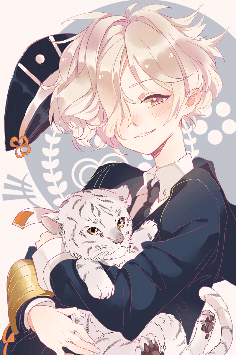 10s, 1boy, baby_animal, blonde_hair, blush, gokotai, gokotai's_tigers, hair_over_one_eye