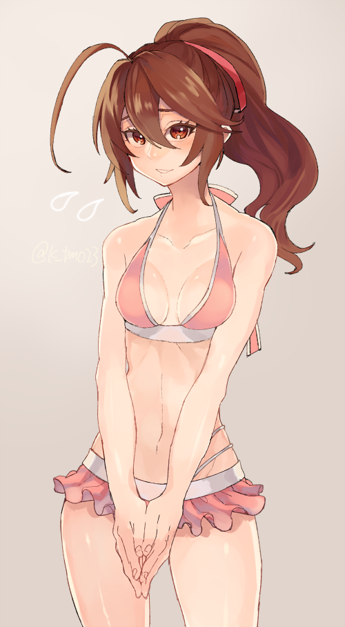 1girl, bare_shoulders, bikini, blazblue, blazblue:_chronophantasma, blush, breasts, brown_eyes