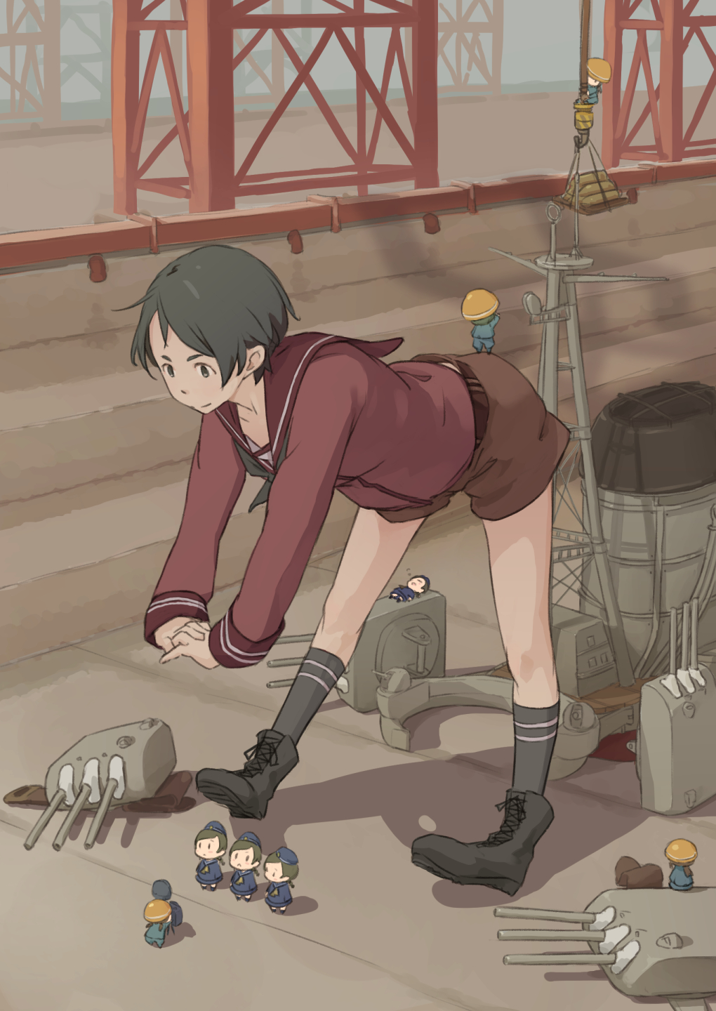 10s, 15.5cm_triple_gun_mount, 6+girls, black_eyes, black_hair, boots, braid, brown_hair