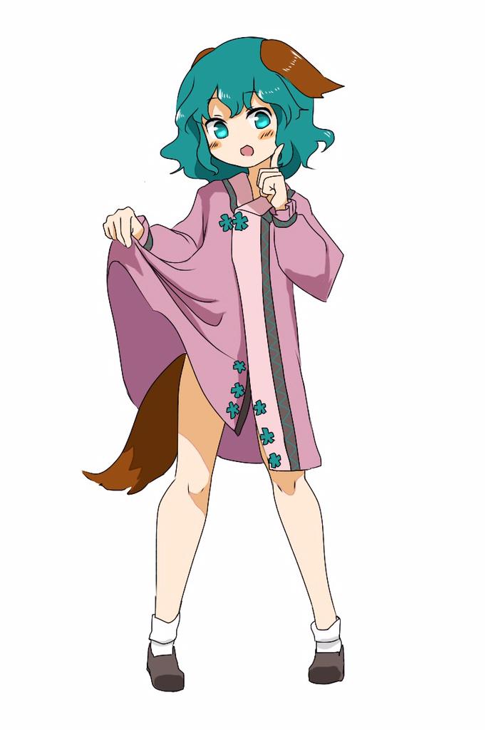 1girl, :d, animal_ears, bad_id, bad_twitter_id, clothes_lift, dog_ears, dog_tail