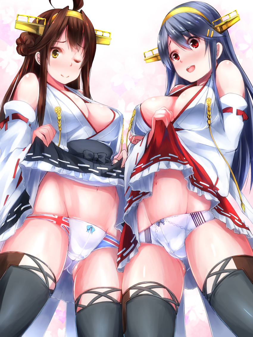 10s, 2girls, :d, ;), ahoge, bare_shoulders, black_hair, boots