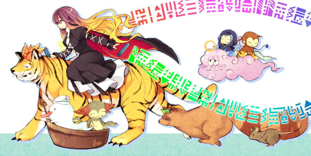 1girl, animal, animalization, asymmetrical_wings, blonde_hair, boat, bug, cape, cloud, dress, futatsuiwa_mamizou, futatsuiwa_mamizou_(tanuki), ghost, gradient_hair, hat, hijiri_byakuren, hood, houjuu_nue, jewelry, kasodani_kyouko, kasodani_kyouko_(yamabiko), kumoi_ichirin, kumoi_ichirin_(monkey), ladle, layered_dress, leaf, leaf_on_head, long_hair, long_sleeves, monkey, mouse_(animal), multicolored_hair, murasa_minamitsu, nazrin, nazrin_(mouse), necklace, profile, puffy_sleeves, purple_hair, riding, ring, sailor_hat, smile, sorcerer's_sutra_scroll, spider, tama_(soon32281), tanuki, tiger, tongue, tongue_out, toramaru_shou, toramaru_shou_(tiger), touhou, two-tone_hair, unzan, watercraft, white_background, wings, yamabiko