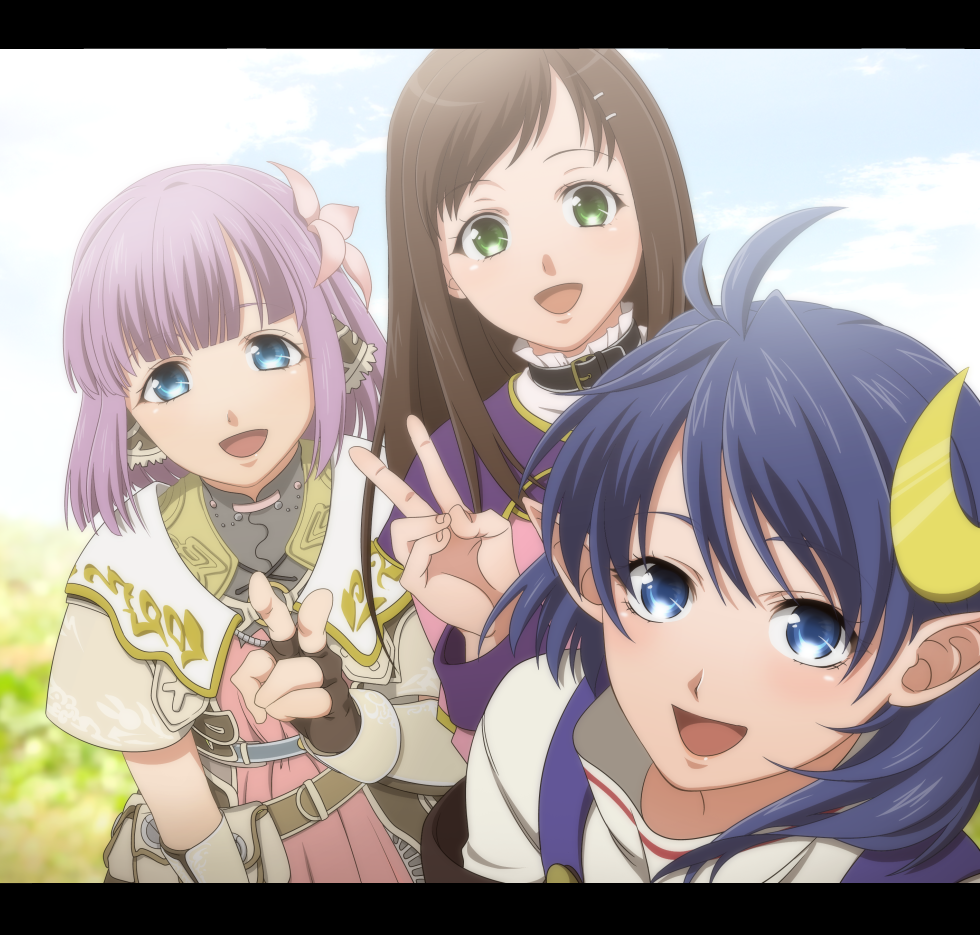 3girls, :d, ahoge, bad_id, bad_pixiv_id, blue_eyes, blue_hair, brown_hair