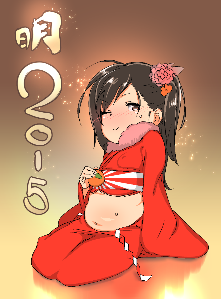 10s, 1girl, 2015, atte_nanakusa, bad_id, bad_pixiv_id, belly, blush, breasts, brown_eyes, brown_hair, covered_erect_nipples, female_focus, flower, food, fruit, gradient_background, hair_flower, hair_ornament, highres, japanese_clothes, kagami_mochi, kimono, mandarin_orange, navel, new_year, one_eye_closed, original, plump, side_ponytail, sitting, small_breasts, smile, solo, sweat, yokozuwari