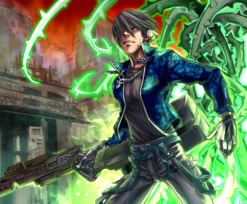 1boy, belt, blue_eyes, brown_hair, camouflage, freedom_wars, gloves, gun, headphones, jewelry, necklace, ootsuno_kei, ootsunokei, rifle, shirt, thorns, togabito, weapon