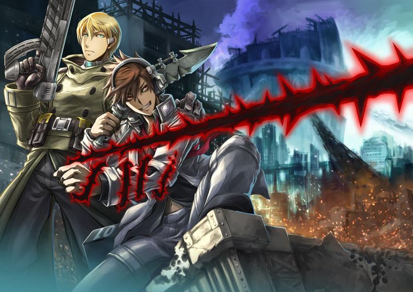 2boys, accessory_(freedom_wars), blonde_hair, brown_hair, collar, collared_shirt, freedom_wars, green_eyes