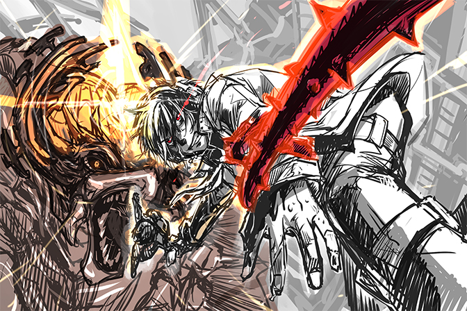 2boys, freedom_wars, monster, multiple_boys, ootsuno_kei, ootsunokei, sketch, thorns, togabito