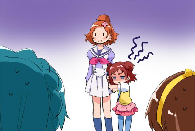 4girls, :t, amanogawa_kirara, blue_legwear, blush, bow, bowtie, from_behind, go!_princess_precure, gradient_background, green_hair, hair_ornament, hairband, haruno_haruka, haruno_momoka, head, jealous, kaidou_minami, kneehighs, kurokawa_makoto, layered_skirt, long_sleeves, multiple_girls, pout, precure, red_skirt, ribbon, sailor_collar, school_uniform, serafuku, shaded_face, short_hair, siblings, sisters, skirt, smile, socks, standing, suspenders, sweatdrop, white_skirt, yuri