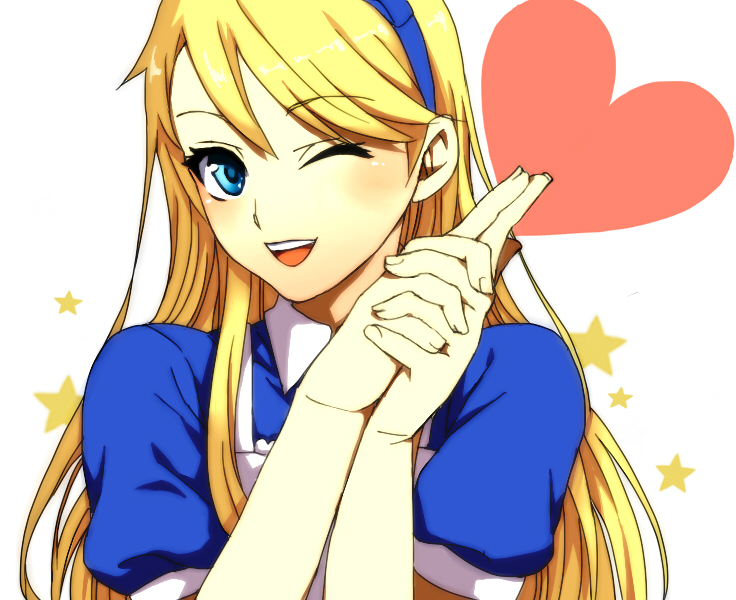 1boy, alice's_adventures_in_wonderland, alice_(alice_in_wonderland), alice_(alice_in_wonderland)_(cosplay), bad_id, bad_pixiv_id, blonde_hair, blue_eyes, cosplay, hairband, heart, kuma_(human)_(persona_4), kuma_(persona_4), long_hair, looking_at_viewer, male_focus, one_eye_closed, own_hands_together, persona, persona_4, restaint, simple_background, solo, star_(symbol), trap