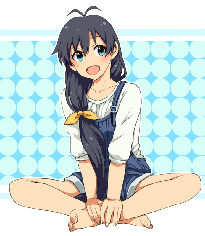 1girl, :d, alternate_hairstyle, antenna_hair, bad_id, bad_pixiv_id, barefoot, black_hair