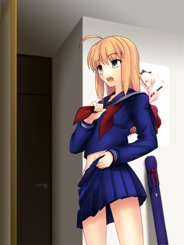 1girl, ahoge, artoria_pendragon_(fate), blonde_hair, blurry, capsule_servant, depth_of_field, dressing