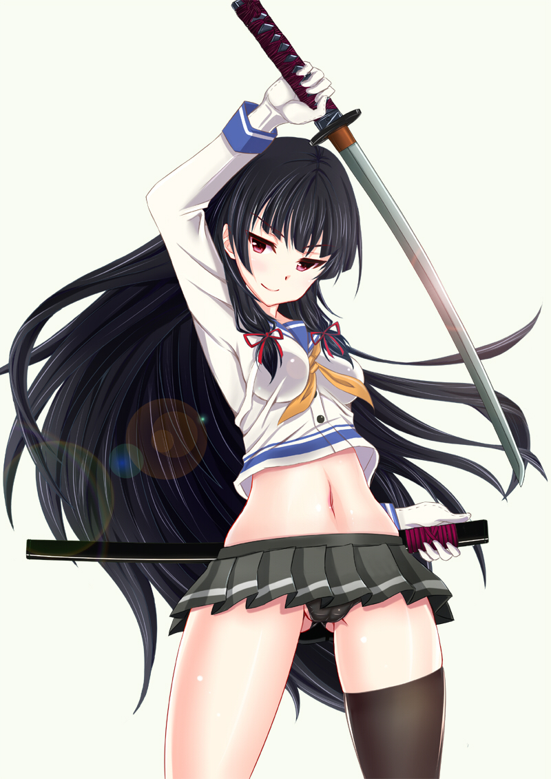 10s, 1girl, black_hair, black_panties, cameltoe, female_focus, gloves, hair_ribbon