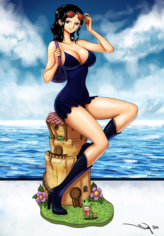 1boy, 1girl, black_footwear, black_hair, blue_eyes, boots, breasts, cleavage, cloud, day, dress, dwarf, eyewear_on_head, glasses, high_heel_boots, high_heels, huge_breasts, iury_padilha, knee_boots, leo_(one_piece), long_hair, looking_at_viewer, mini_person, miniboy, nico_robin, nico_robin_(dressrosa), one_piece, sand_castle, sand_sculpture, shiny_skin, smile, sunglasses, water