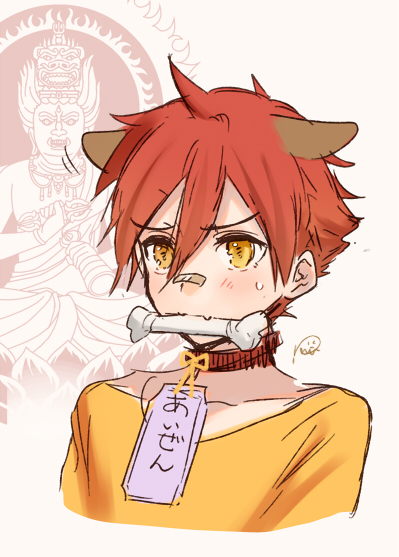 10s, 1boy, acala, aizen_kunitoshi, animal_ears, bandaid, bandaid_on_face, bandaid_on_nose, blush, bone, buddha, collar, dog_boy, dog_ears, kippu, male_focus, mouth_hold, name_tag, red_hair, short_hair, solo, sweat, touken_ranbu, upper_body, yellow_eyes
