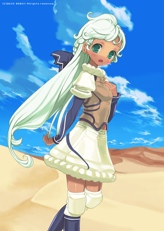 1girl, blush, braid, cloud, dark-skinned_female, dark_skin, day, desert, female_focus, green_eyes, hair_ribbon, knee_pads, long_hair, original, ribbon, sango_(53box), sky, socks, solo