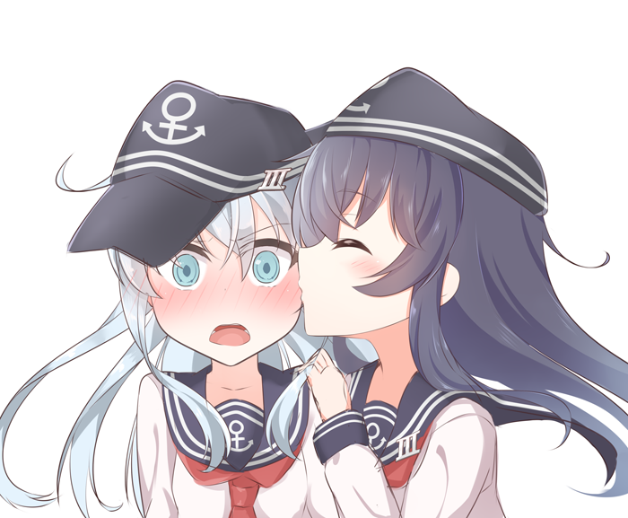 10s, 2girls, akatsuki_(kancolle), anchor_symbol, black_hair, blue_eyes, blush, closed_eyes