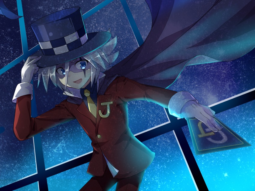 1boy, blue_eyes, cape, card, formal_clothes, gloves, hat, highres, jack_jones, joker_(kaitou_joker), kaitou_joker, male_focus, mask, necktie, night, open_mouth, phantom_thief, sada_(sadahalu), silver_hair, sky, smile, solo, star_(sky), starry_sky, suit, top_hat, white_gloves