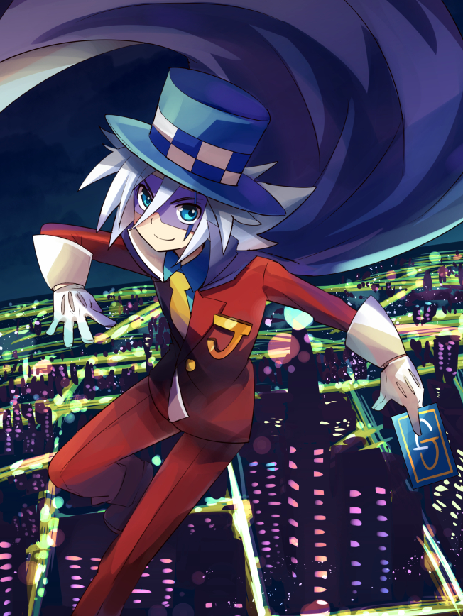 1boy, blue_eyes, cape, card, city, city_lights, formal_clothes, gloves
