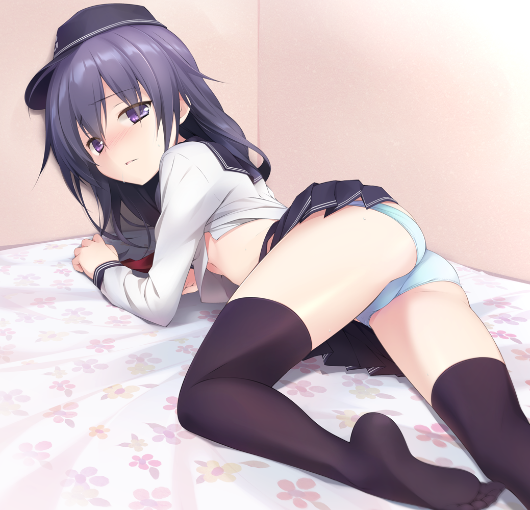 10s, 1girl, akatsuki_(kancolle), anchor_symbol, ass, black_eyes, black_hair, black_legwear, black_skirt, commentary_request, feet, female_focus, flat_cap, hat, kantai_collection, long_hair, long_sleeves, no_shoes, open_mouth, panties, pleated_skirt, sakana_(flame_sakana), school_uniform, serafuku, skirt, solo, thighs, underwear