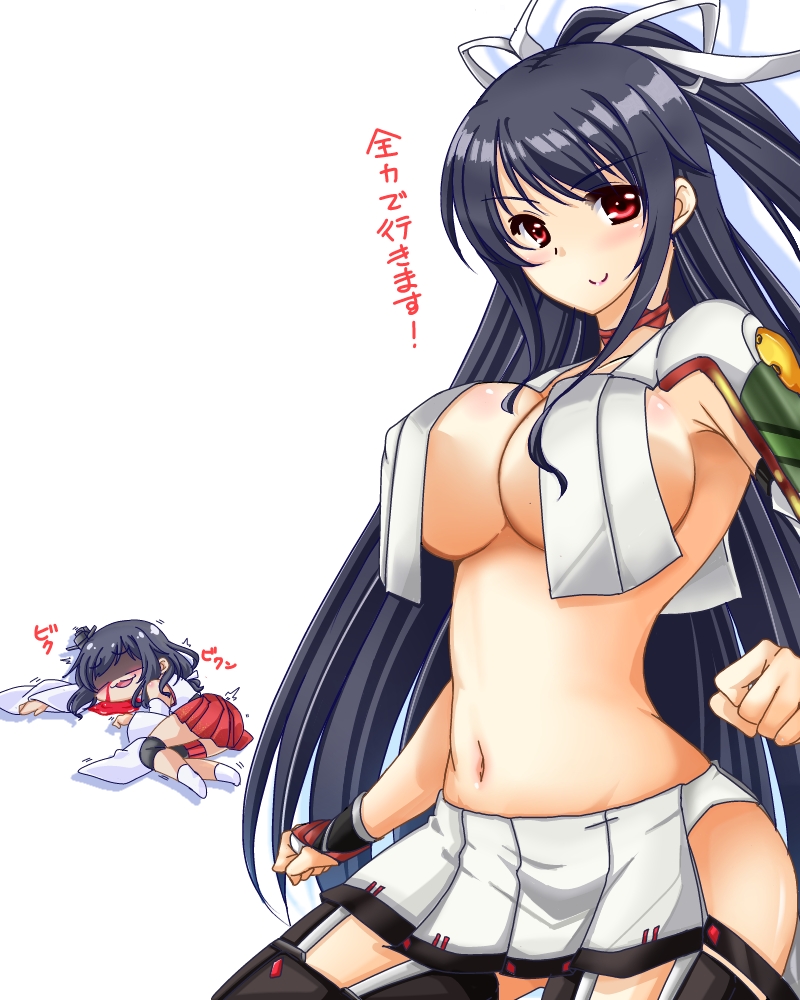 2girls, black_hair, black_legwear, blood, blush, breasts, cleavage, cosplay, fusou_(kancolle), hair_ornament, hair_ribbon, kantai_collection, katsuragi_(kancolle), katsuragi_(kancolle)_(cosplay), kuon_(nokokopopo), large_breasts, long_hair, miniskirt, multiple_girls, nosebleed, pleated_skirt, ponytail, red_eyes, ribbon, short_hair, simple_background, skirt, smile, thighhighs, translated, very_long_hair, yamashiro_(kancolle), zettai_ryouiki