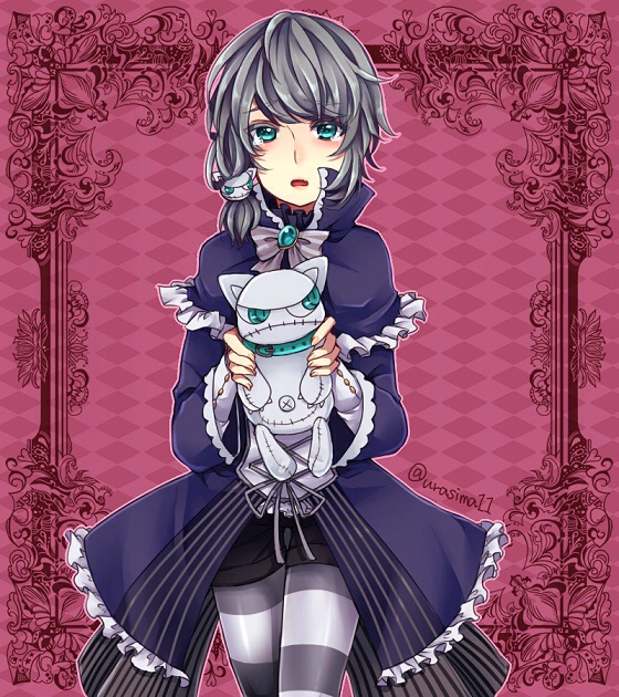 10s, 1boy, aqua_eyes, blush, bow, brooch, frills, grey_hair, jewelry, male_focus, open_mouth, pantyhose, pantyhose_under_shorts, rolf_(yume-100), shorts, solo, striped_clothes, striped_pantyhose, stuffed_animal, stuffed_cat, stuffed_toy, tears, twitter_username, urashima_(kamenagomi), yume_oukoku_to_nemureru_100-nin_no_ouji-sama