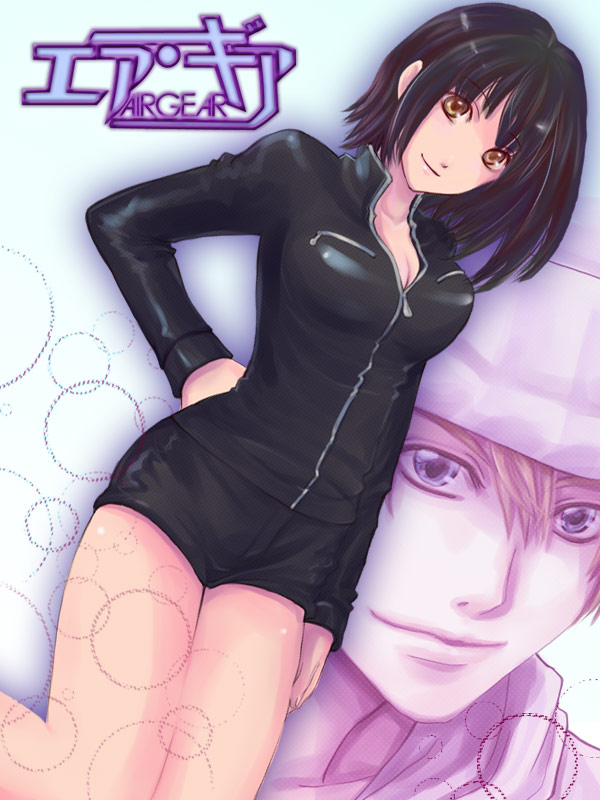 1boy, 1girl, adachi_emily, air_gear, alps2525, black_hair, blonde_hair, breasts, brown_hair, cleavage, copyright_name, hat, jacket, large_breasts, mikura_kazuma, short_hair, short_shorts, shorts, smile