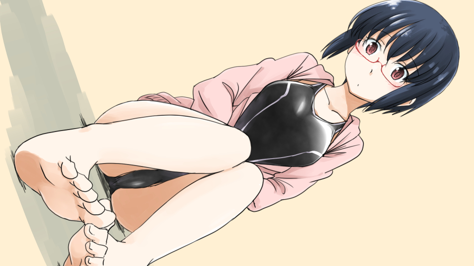 1girl, :o, barefoot, black_hair, brown_eyes, dutch_angle, feet, female_focus