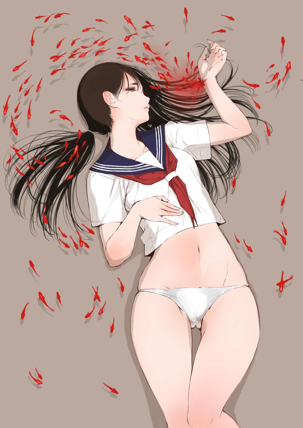 1girl, blouse, brown_hair, cameltoe, crop_top, eyeliner, female_focus, fish