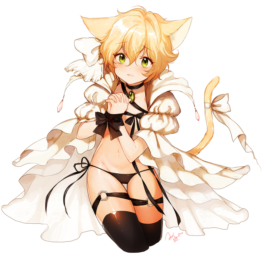 1girl, animal_ears, anz_(starry), black_thighhighs, blonde_hair, blush, cat_ears, cat_tail