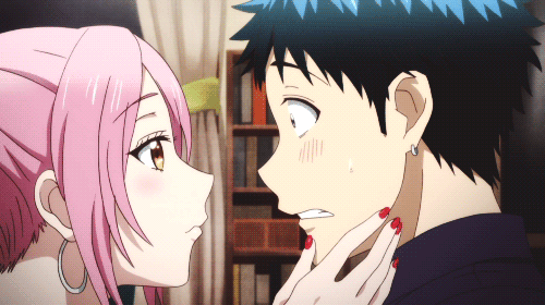 10s, 1boy, 1girl, animated, animated_gif, blue_hair, blush, earrings